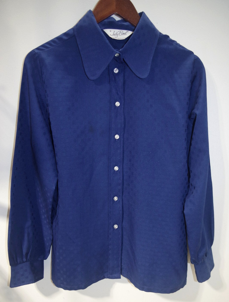 E JUDY BOND vintage 70s Navy Blue Geometric Shirt BLOUSE 18 Dacron Polyester