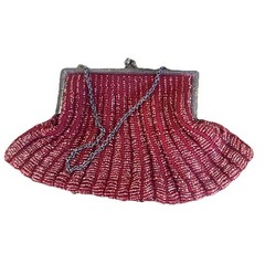1920s 30s Art Deco Beaded Evening Clutch Flapper Red Scalloped Purse Frame