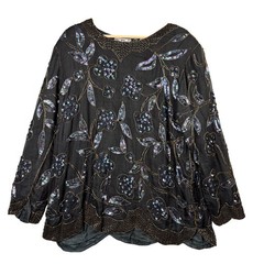 Scala Vintage 100% Silk Beaded Sequin Floral Blouse Black Iridescent Plus 1X