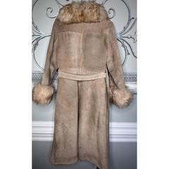 Vintage 1950s-1960s Tan Suede Leather Trench Coat Fur Collar Cuffs No Tags Sz S