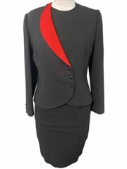 Vtg BERT NEWMAN 2-Pc Wool Black/Red Skirt Asymmetric Button Jacket Suit SZ 10