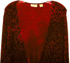 VINTAGE CHICO’S TRAVELERS RED & BLACK LEOPARD PRINT TIE FRONT JACKET – SIZE 0