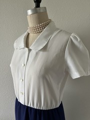Vintage 1970s Mod Dress Navy Blue White Mock 2-Piece Secretary Style Size 10
