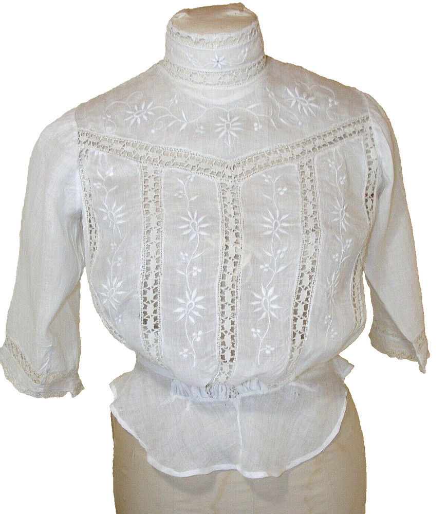 VICTORIAN WHITE SHEER LAWN COTTON BLOUSE HANDMADE NEEDLE LACE EMROIDERY 32X 24