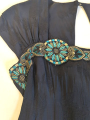Vtg Carole Little Black Dress 6P Art Deco Coset Back Gold Turq Embroidery Boho