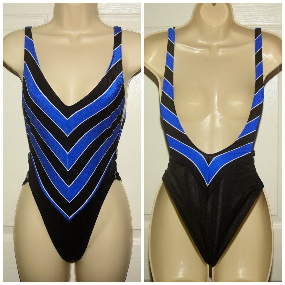 VTG 80s 1-Piece Black & Blue Chevron Stripe Swimsuit XXS Avon Fashions Deadstock