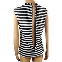 1960s Mod Black White Horizontal Striped Sleeveless High Neck Zip Up Top Size Sm