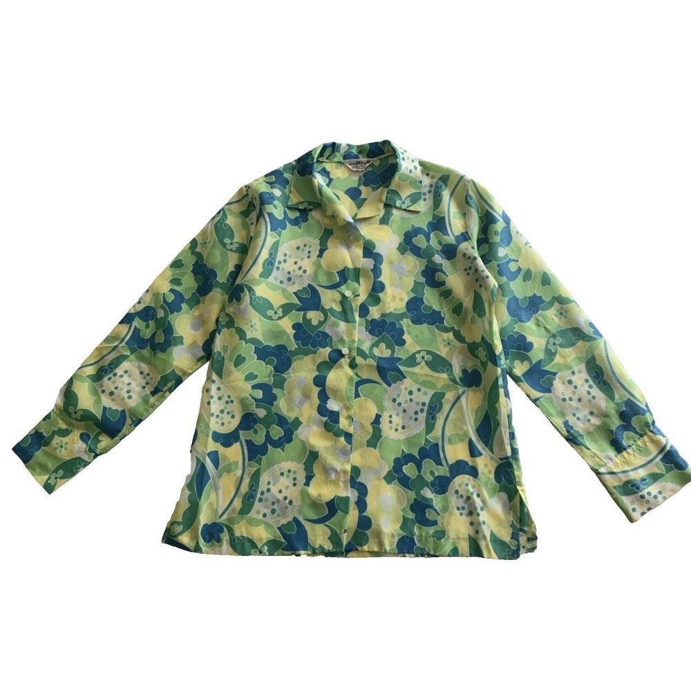 Vintage K-MART Polyester 70s Shirt Floral Green/Blue Print ButtonUp Woman Sz 34