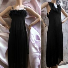 Vtg Black Dress Boa Lingerie Maxi 1970s Long Nylon Slip Feathers Sexy Medium