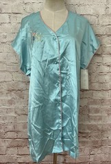 Vintage Val MODE Lingerie MEDIUM Satin Aqua Button Down Night Shirt NEW