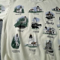 Alaska Lighthouses AOP Womens L Crewneck Sweater Ivory Blue Collar Vintage 90s