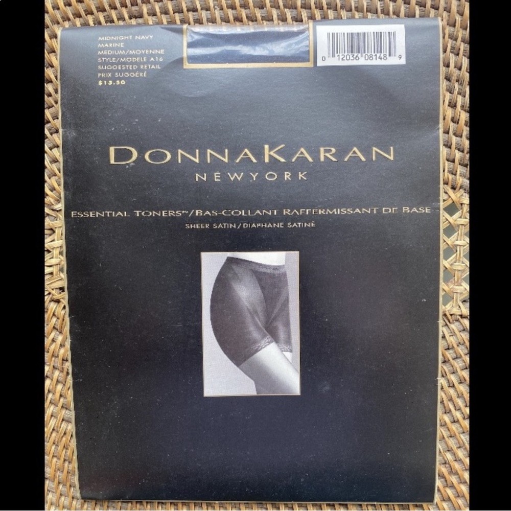 VINTAGE 1990s DONNA KARAN ESSENTIAL TONERS CONTROL TOP PANTYHOSE MIDNIGHT NAVY M