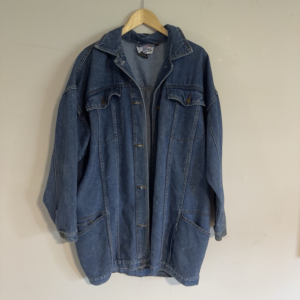 80’s Vintage Weathered Blues Oversized long Denim Jacket large TRENCH grunge