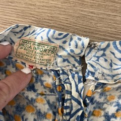 Vintage 70s India Imports of Rhode Island blue block print Empire Waste V Neck S