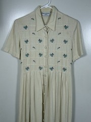 Vintage 80s/90s Karin Stevens Petite Floral Embroidered Midi Shirt Dress Cream