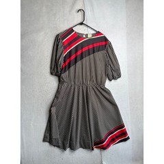 Vintage 80s Striped Puff Sleeve Dress Black Red White Graphic Print Size 16.5