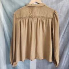 Serge Nancel Paris Vintage 100% Silk Smocked Blouse Tan Peter Pan Collar Sz 44