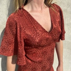 Vintage 1930s Red Deco Snakeskin Brocade Satin Rayon Dress Bonwit Teller Ruffle