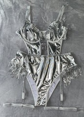 NEW Metallic Silver PU Teddy Bodysuit 1X Garters & Bands Sequins Tassels FUN!!