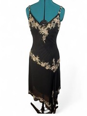 Vintage 90s Y2K Black Beaded Silk Cache Asymmetrical Slip Dress Whimsigoth Fairy