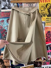 Vtg 70s Khaki Embroidered Big Eye Owl Shirley Gadol A-Line Tie Wrap Skirt Womens