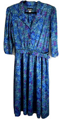 Vtg Shirtwaist Dress w Belt Floral Blue SZ 16 Tabby USA Modest 60s 70s 80s