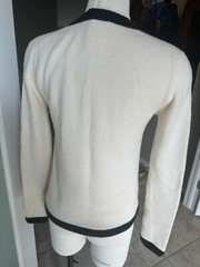 CHANEL Size 38 Cream Black Cashmere Contrast Trim Open Front Cardigan
