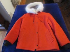 Women’s Vintage Hudson’s Bay Red Wool Hooded Jacket Genuine Fur Trim med small D