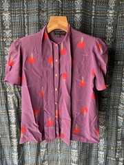 Vintage 1980s Charles Bianco Purple Red Tie Neck Blouse 100% Silk Short Sleeves