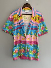 Vtg Peter Popovitch Floral Camp Shirt Retro Collar 80s Abstract Knit Blouse Med