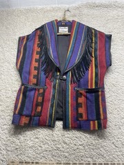 VTG Pioneer Wear Vest Wool & Leather Fringe Vest Chimayo 70s Striped M EUC