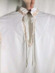 Vtg 60s Nylon Lingerie Top Gold Trim Thin Loop Bow High Collar Pinup S M B36 MCM