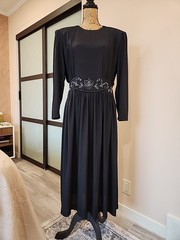 VTG Karin Stevens Dress Black Beads Embroidered Elastic Waist Long Sleeves 14