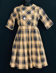 Vintage 1950s tan black plaid dress, cotton sleeve shirt white 1960s girls XS S