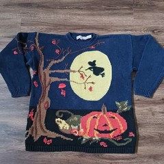 Lauren Hansen Vintage Halloween Sweater Witch Moon Pumpkin Ramie Cotton Navy M