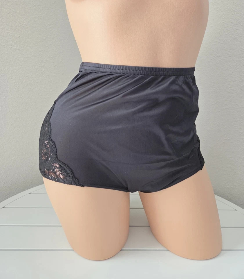Shadowline 17082 Full Cut Brief Shiny Nylon Lace Full Coverage Panty Black