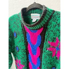 Vintage Croquet Colorblock Chunky Knit Sweater Green Pink Blue Size M
