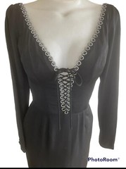 Vintage Bombshell Ceil Chapman Dress Black Corset Lace Up Rhinestone Wiggle 50s