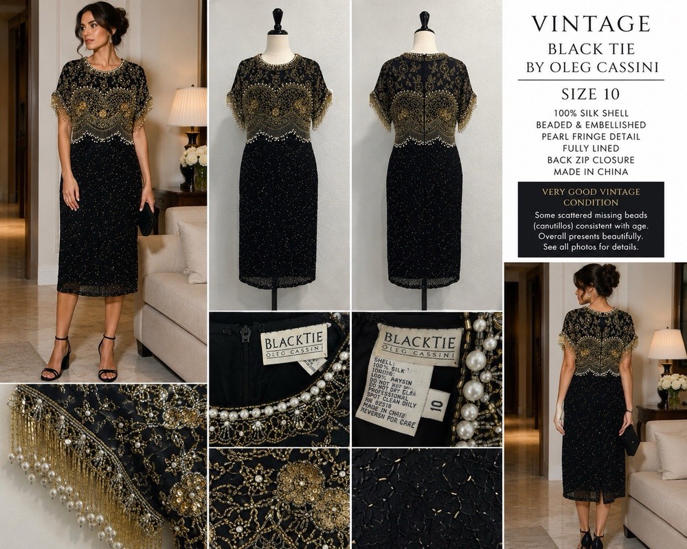 VTG Oleg Cassini Black Tie 100%Silk Beaded Cocktail Dress 10 Pearl Fringe Gatsby