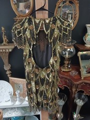 Lillie Rubin Vintage Black Gold Beaded Sequin Semi-Open Back Silk Dress Size 6