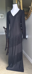 70s Solo San Francisco Black Fringe Dancing Dress long sleeve Size 13/14 VINTAGE