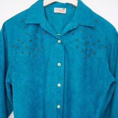 VTG Serbin PetiteM Turquoise Western Glam Studded Blouse USA Santa Fe Rodeo Boho