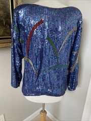80’s Judith Ann Creations Blouse Top Sz M Silk Sequins Beads Blue Art to Wear