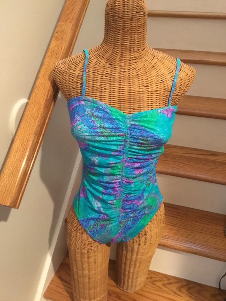 VTG DeWeese Design Swimsuit 60s 70s Fabric Flower Embellishments Sz 12
