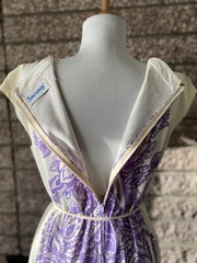 Vintage 1960s Sacony ivory dress with purple paisley mod summer polyester retro
