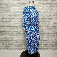Vintage 80s California Look Blue Rose Belted Dress 8P USA Floral Retro Glam