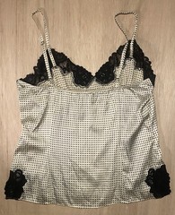 Vintage Y2K Banana Republic Silk Cami in Ivory w/Black Pin Dots & Lace Trim