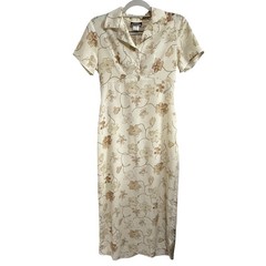 Goddess Vintage Floral Maxi Dress Womens Medium Cream Brown USA Cottagecore