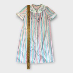 Coffee Time Vintage Seersucker House Dress Pastel Striped Floral Collar Small
