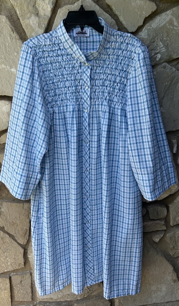Vintage METROPOLITAN House Dress Robe L XL Blue Plaid Smocked Pearl Snaps EC
